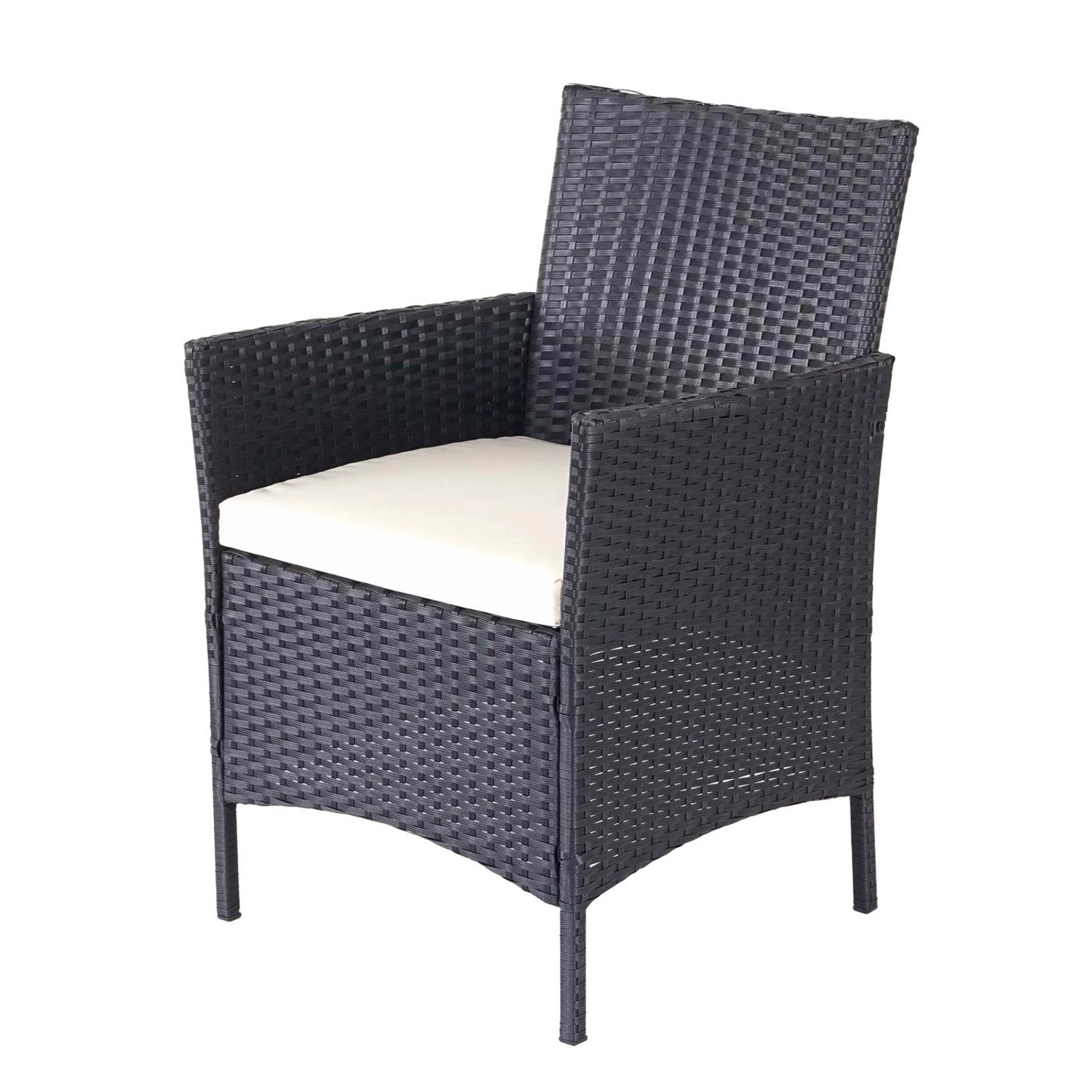 Schwarzer Poly-Rattan Sessel mit creme Sitzkissen, Teil der 4-teiligen Lounge-Garnitur.