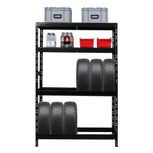 Schwarzes PROREGAL Reifenregal Tiger mit Reifen und Ablageboxen. Ideal zur Reifenlagerung in Garage oder Keller.
