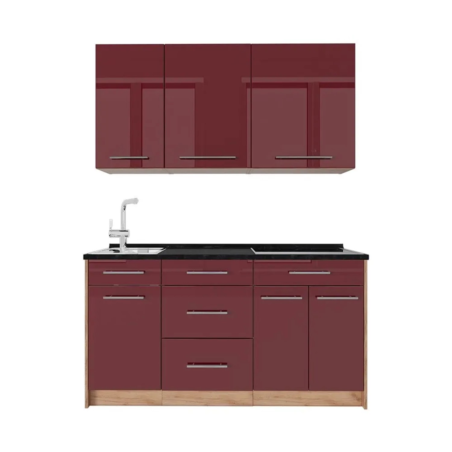 Vicco Singleküche Fame-Line Bordeaux Hochglanz/Goldkraft Eiche 150 x 82 AP Anthrazit Art Nr 64791