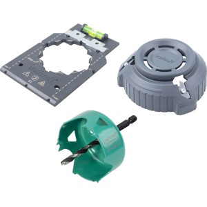 wolfcraft Hohlwanddosen-Set, 3-teilig: Lochsäge, Lochrandsenker und Schablone für Trockenbau.