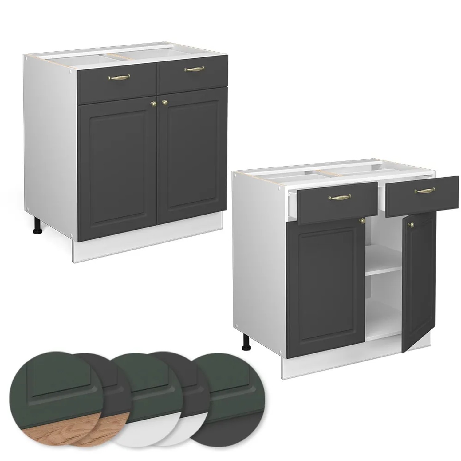 Vicco Küchenunterschrank Fame-Line, 80 cm, Anthrazit-Gold/Weiß mit Marmor Arbeitsplatte.