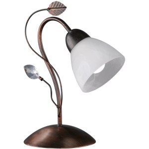 Trio Tischleuchte Traditio im Antik-Look mit weißem Lampenschirm und dekorativen Blättern.