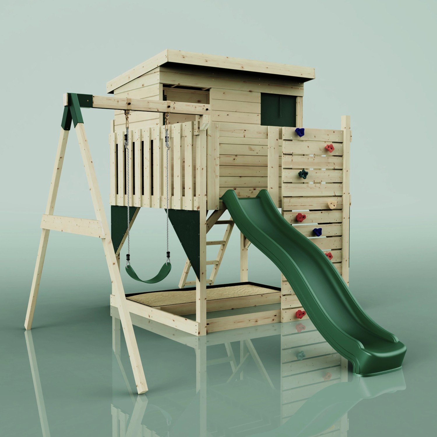 PolarPlay Spielturm Tjorven mit Schaukel und Rutsche. Holz natur, Akzente in Dunkelgrün.