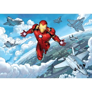 Komar Vliesfototapete: Iron Man im Flug mit Kampfjets vor blauem Himmel und Wolken.