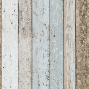 PROFHOME Landhaus Tapete in Holzoptik (Blau, Braun, Beige).