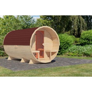 Karibu Fass-Sauna 3 Set, naturbelassen mit roten Schindeln, für den Garten.