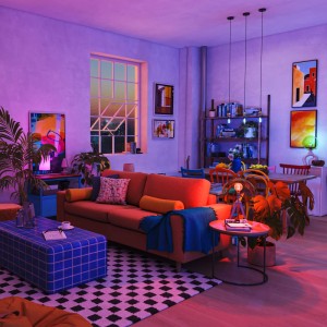 Wohnzimmer mit Philips Smart-LED-Leuchtmittel, das den Raum in Lila, Pink und Blau taucht. Individuelle RGB-Lichtstimmung.