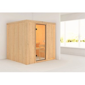 Karibu Sauna Tromsö mit bronzierter Glastür. Massivholzsauna mit zwei Saunabänken aus Espenholz.