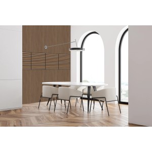 Jangal Wandpaneel Modular Wall Davert Oak, Akustikpaneel im Esszimmer mit Holzboden.