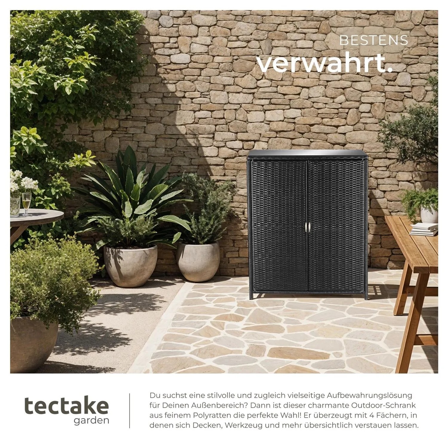 Schwarzer Tectake Gartenschrank Monza aus Polyrattan mit zwei Türen und Glasplatte im Garten.