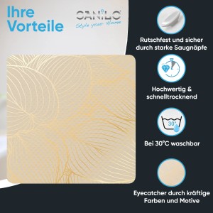 Beige SANILO Badematte Hosta mit goldenem Blattmuster für Badewannen-Zubehör.