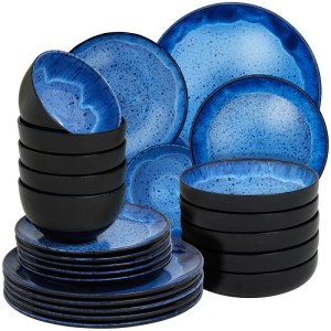 Tectake Tafelservice Mare, 24-teilig für 6 Personen. Blau-schwarzes Steingut Geschirrset mit maritimem Design, handgefertigt.