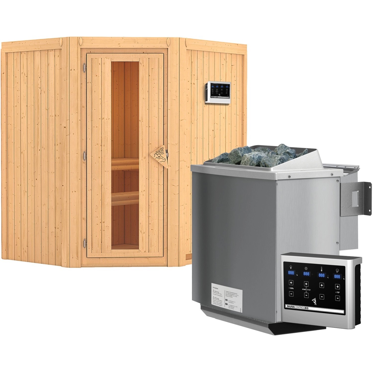 Karibu Sauna Tjorven + Bio-Ofen ext. Strg. Easy, Holz-Glastür günstig online kaufen