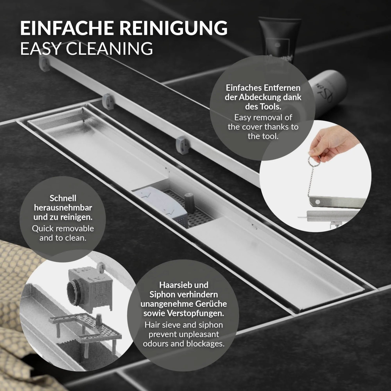 LuxeBath Duschrinne 60cm, befliesbar, Edelstahl silber. Duschzubehör mit Haarsieb und Siphon für einfache Reinigung.