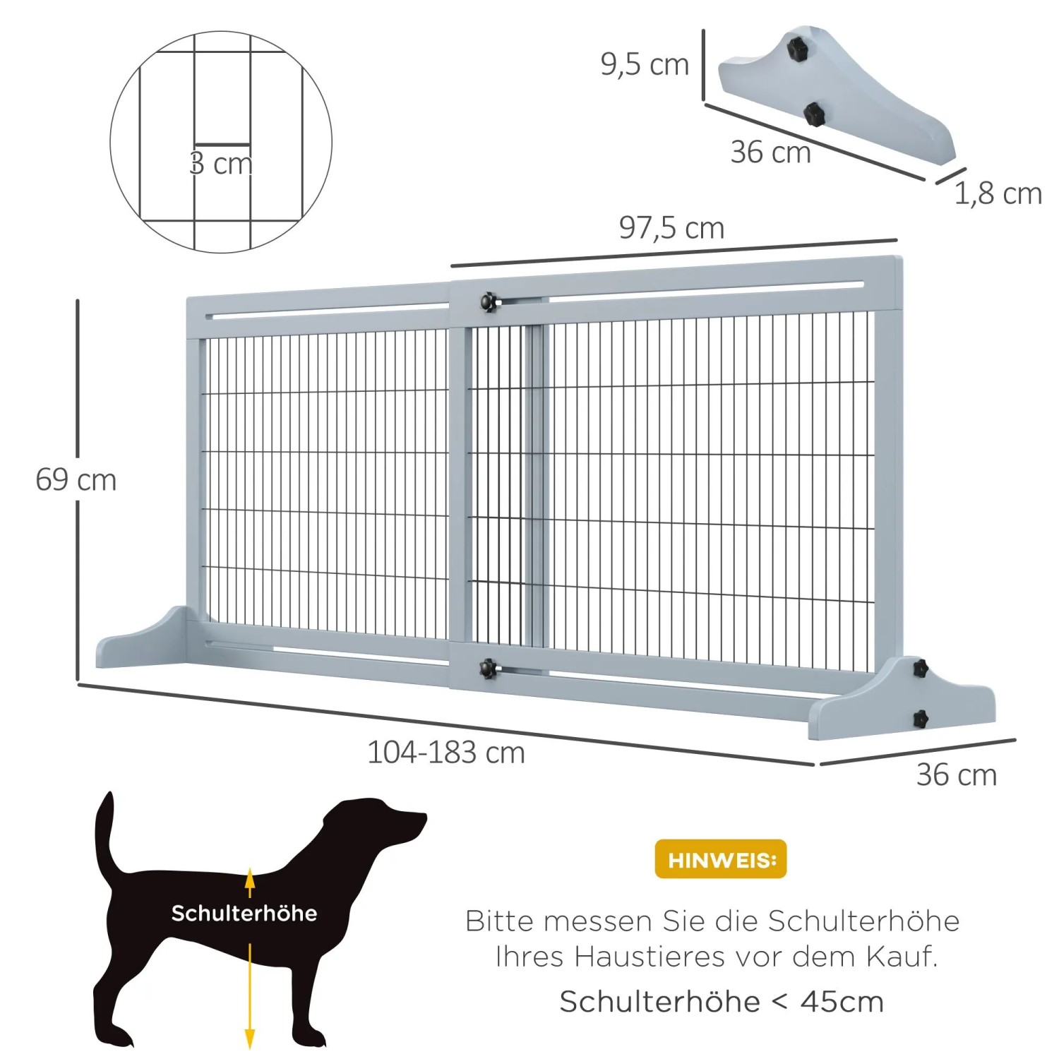 PawHut Hunde Absperrgitter, ausziehbar 104-183 cm, 69 cm hoch, mit stabilen Fußstützen. Für Haustiere.