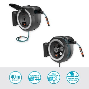 Gardena Akku-Wand-Schlauchbox PowerRoll XXL mit 40m Schlauch und Akku. Gartenschlauchwagen zur Gartenbewässerung.