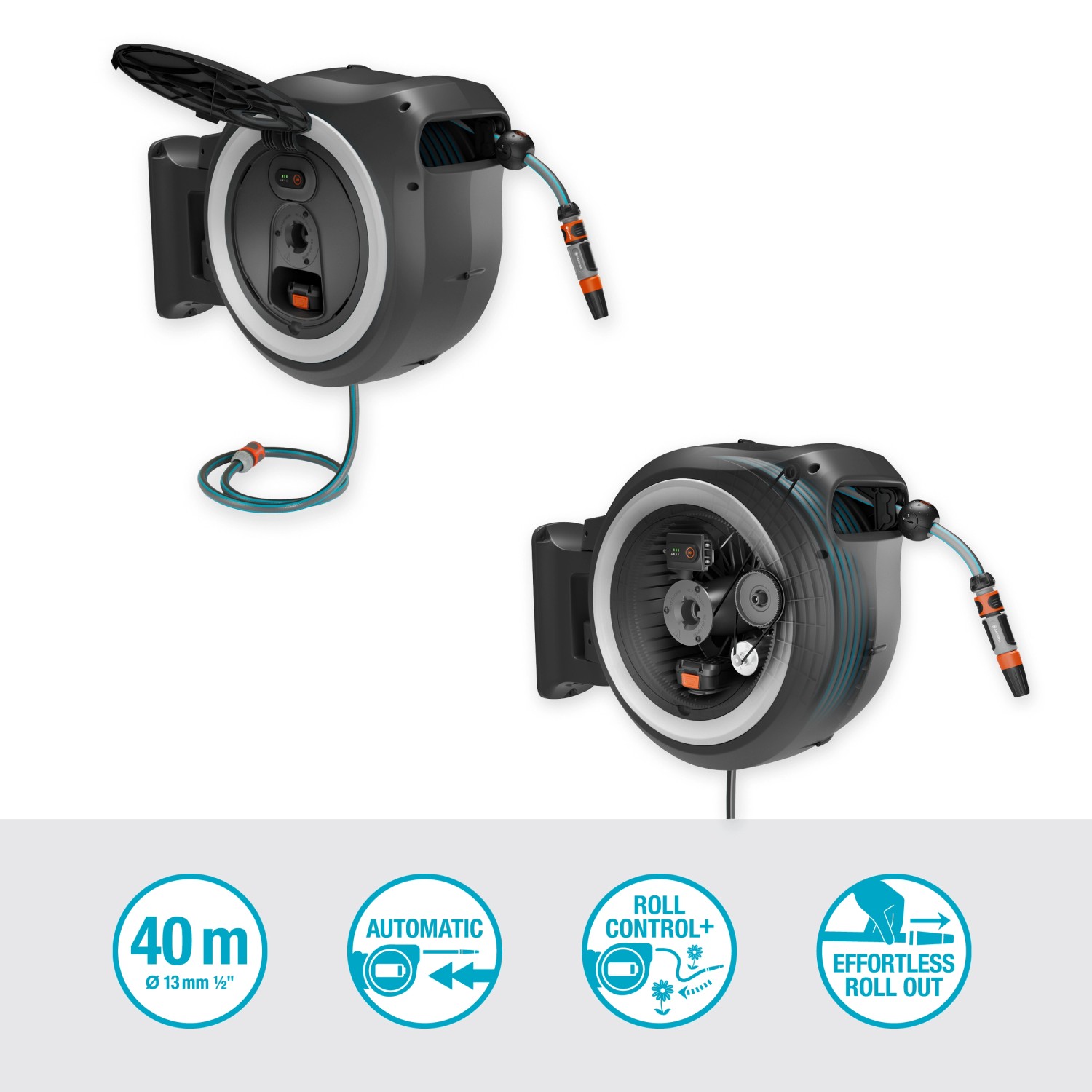 Gardena Akku-Wand-Schlauchbox PowerRoll XXL mit 40m Schlauch und Akku. Gartenschlauchwagen zur Gartenbewässerung.