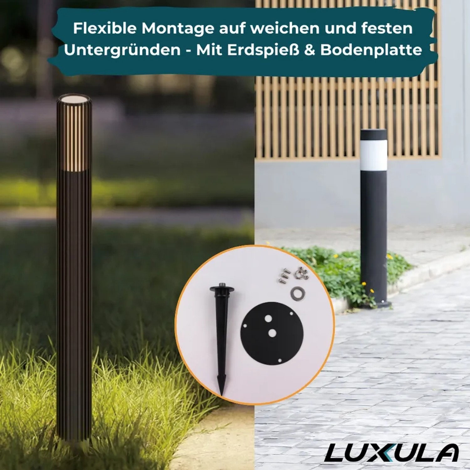 Schwarze LUXULA Außenstehleuchte aus Aluminium, 60 cm hoch, mit Erdspieß und GU10 Fassung.
