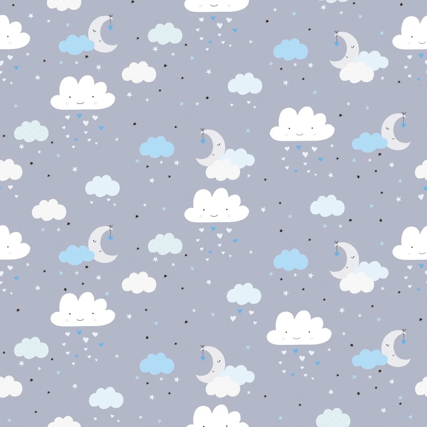 Grafik Kindertapete mit Wolken, Mond und Sternen in Blau, Grau und Weiß.