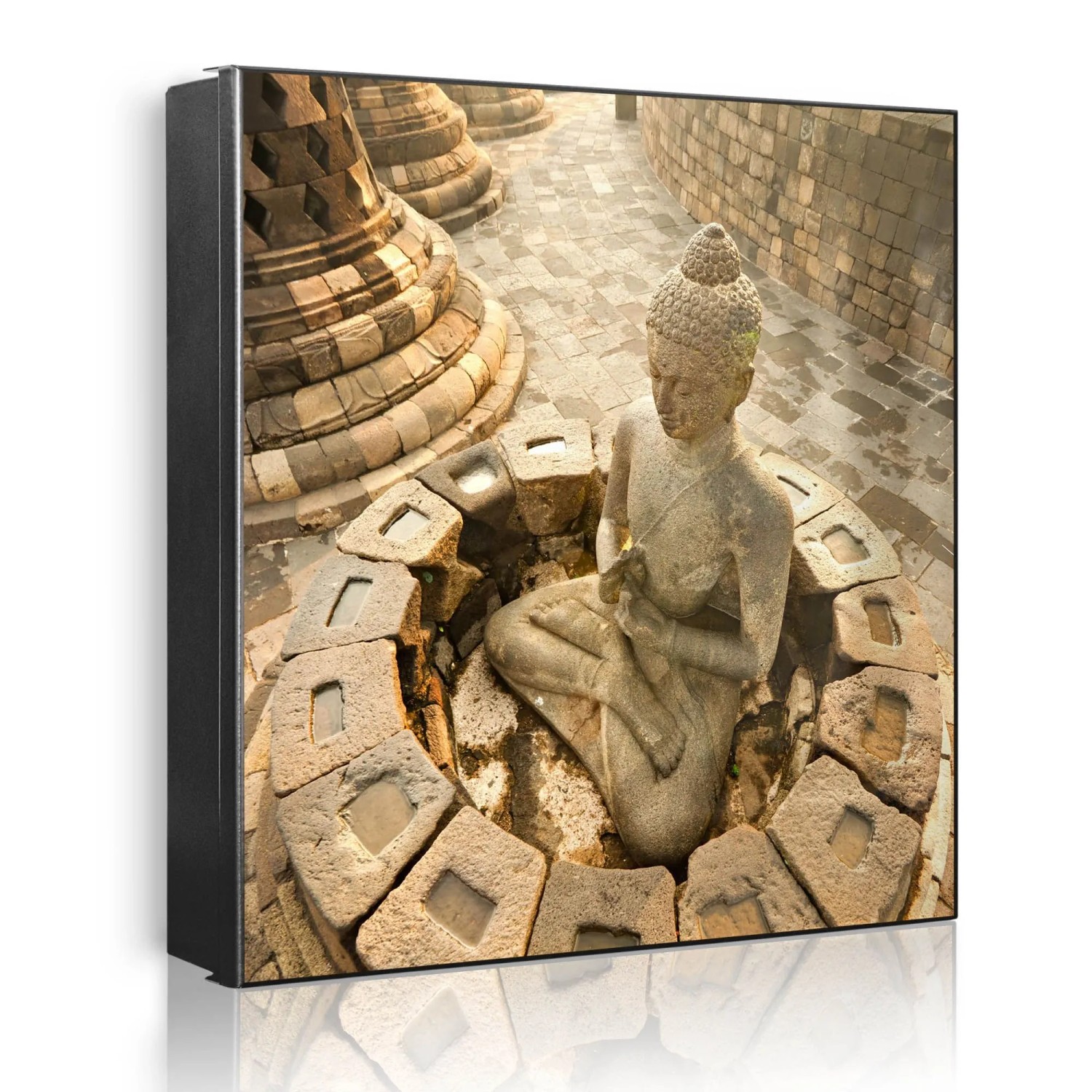 Banjado Großer Schlüsselkasten Metall 30x30cm Schwarz Scharnier Links 50 Haken Beschreibbar Magnetisch Motiv Sitzender Buddha