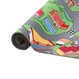 Gerollter, grüner Snapstyle Kinder Straßenteppich (100x200cm) mit Straßen, Häusern und Fluss.