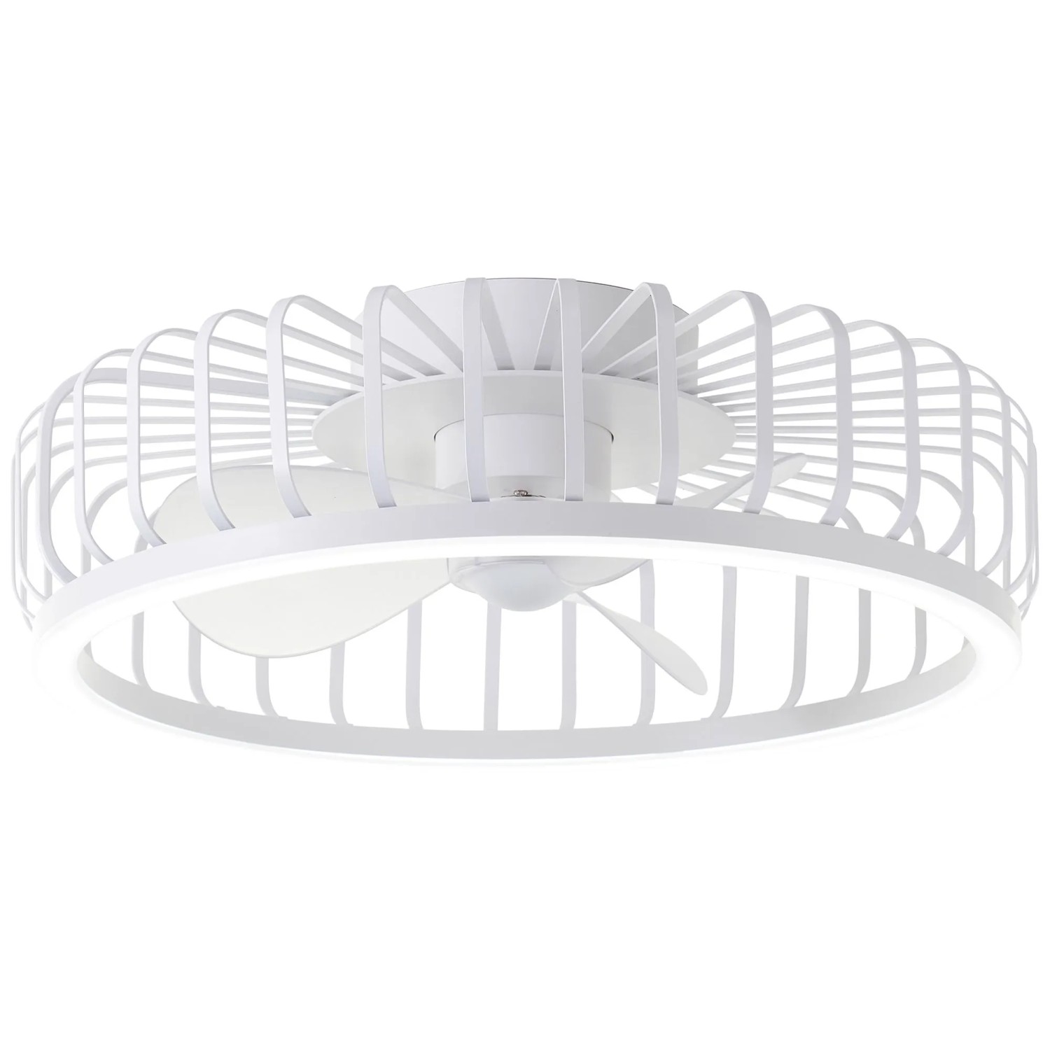 Weiße LED-Deckenleuchte Capo mit Ventilator und Käfig-Design, Durchmesser 48 cm.