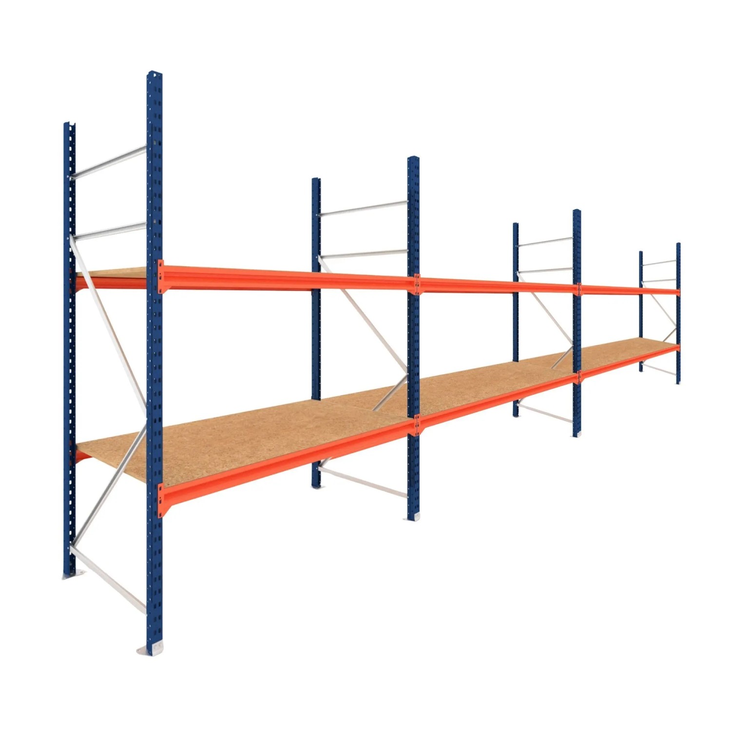 PROREGAL Weitspannregal Schwerlastregal DOMINUS Komplettregal 3 Felder 250x450x40cm 2 Ebenen Spanplatten-Fachboden Fachlast 500 kg Blau/Orange