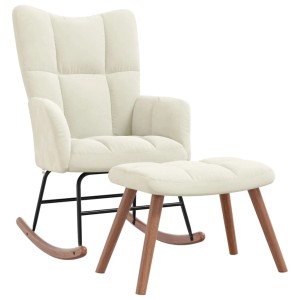 Cremeweißer Samt Schaukelstuhl mit Hocker, gesteppt, Holz- und Stahlgestell.