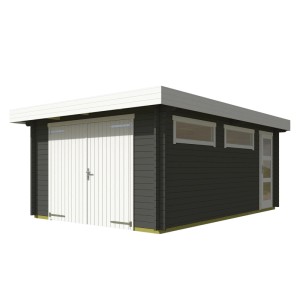 Moderne, grau-grüne Lasita Garage Canberra mit Holztor, Fenster und Seitentür.