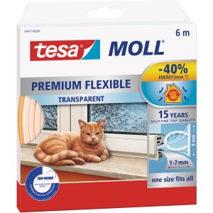 Verpackung Tesamoll Premium Flexible Fensterdichtung Transparent, Katze liegt auf Fensterbank.