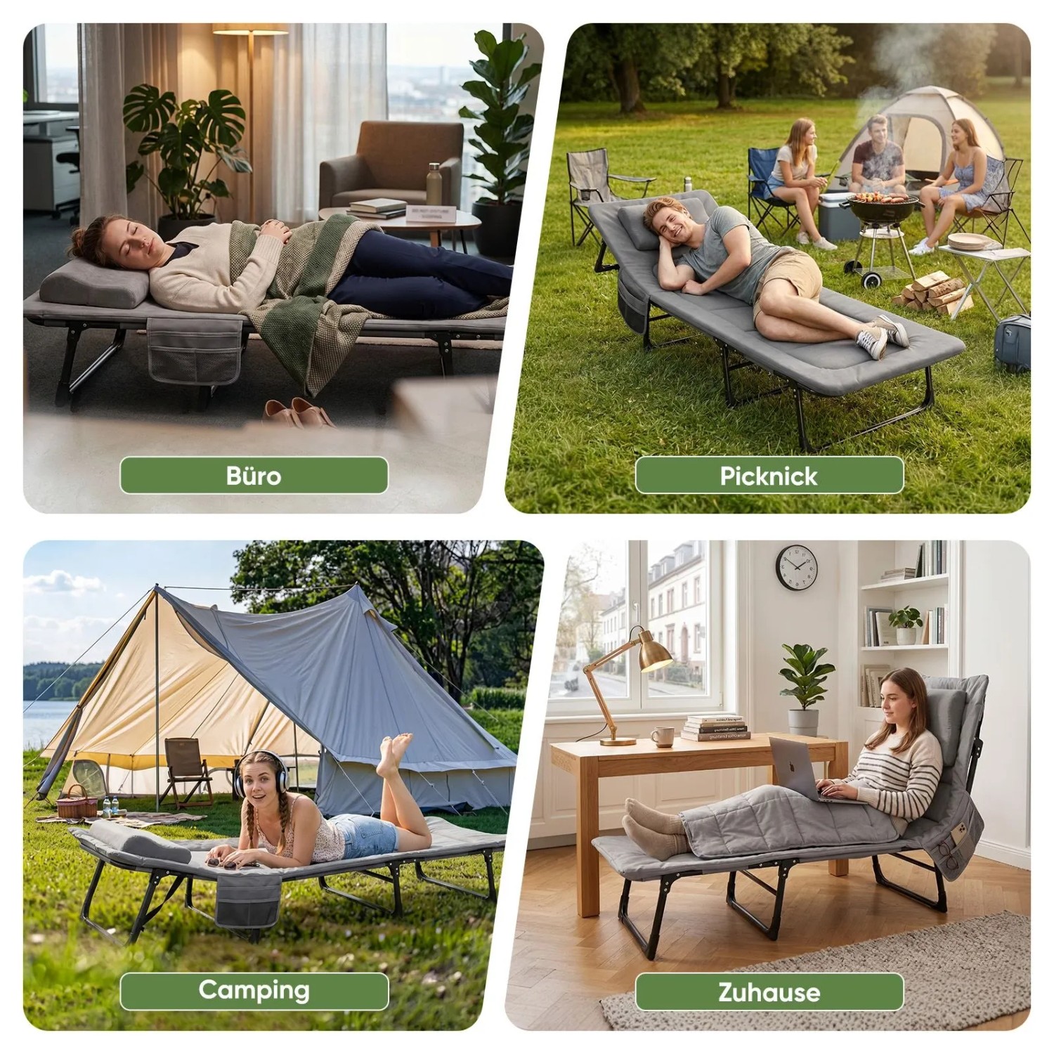 Graues Sekey Campingbett mit Matratze & Kissen in 4 Nutzungsszenarien: Büro, Picknick, Camping, Zuhause. Klappbares Faltbett.