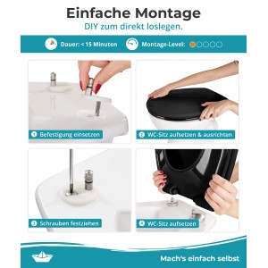 Montageanleitung: Schwarzer Calmwaters WC-Sitz mit Absenkautomatik wird auf einer Toilette montiert.