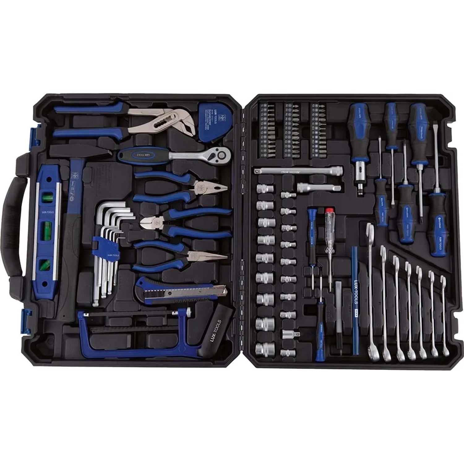 Geöffneter LUX Werkzeugkoffer, 108-teilig mit Werkzeugen wie Hammer, Zangen, Schraubendreher und Säge.