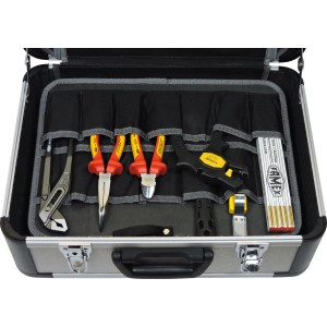 Famex Elektriker Werkzeugkoffer 478-10 mit Werkzeugen wie Zangen, Schraubendreher und Säge.