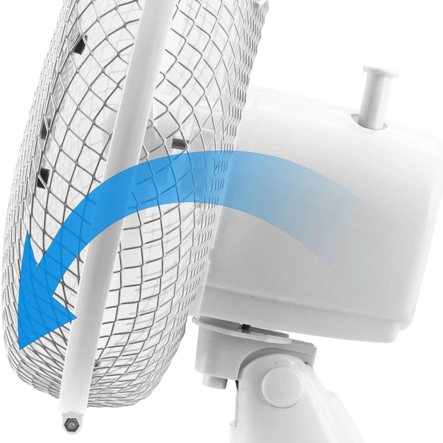 Detailaufnahme: Verstellbarer, weißer Emerio Tischventilator (23 cm) mit blauem Pfeil.