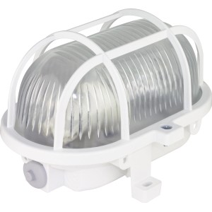Weiße Halogen-Ovalleuchte mit Schutzkorb, geeignet für Keller und Feuchträume.