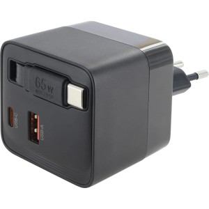 Schwarzer Schwaiger 65W Ladeadapter mit USB-A, USB-C Anschlüssen und integriertem USB-C Kabel für Handy-Zubehör.