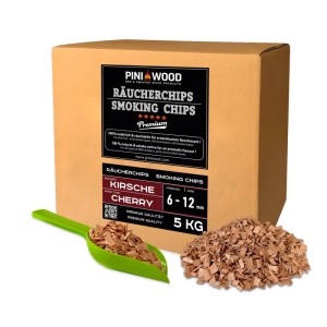 PINI Räucherchips Kirsche 5 kg, 6-12 mm, in Karton mit Schaufel und Holzspänen. Für Grill & Smoker.