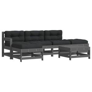 Graues 6-tlg. vidaXL Garten-Lounge-Set aus Massivholz mit schwarzen Kissen.