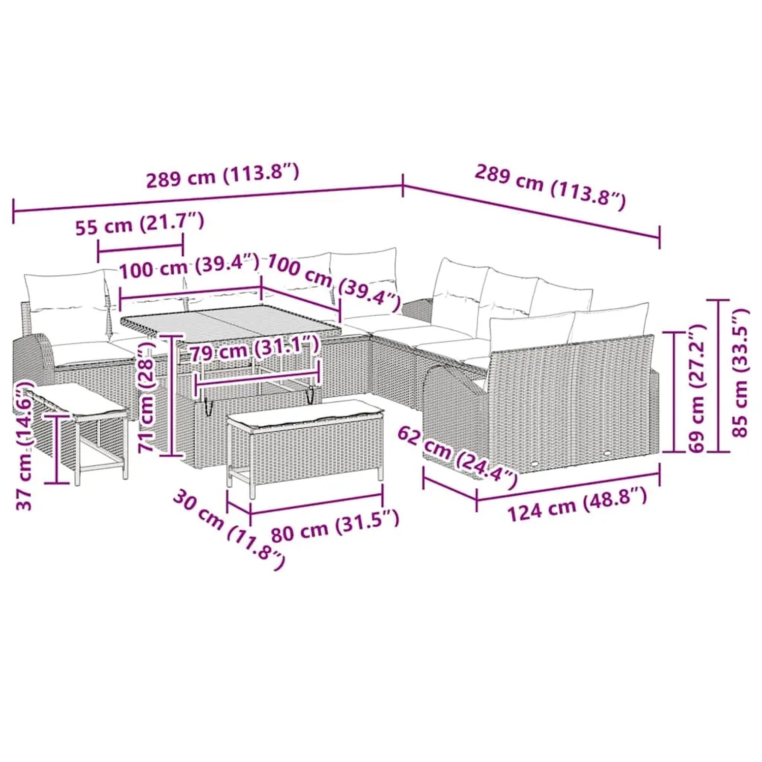 vidaXL Garten-Sofa-Set, 13-teilig, grau, Poly Rattan, mit Maßen für Planung.