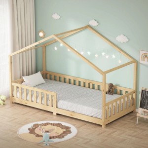 ML-Design Hausbett 90x200 cm aus Kiefernholz, naturfarben, mit Rausfallschutz. Kinderbett im skandinavischen Design.