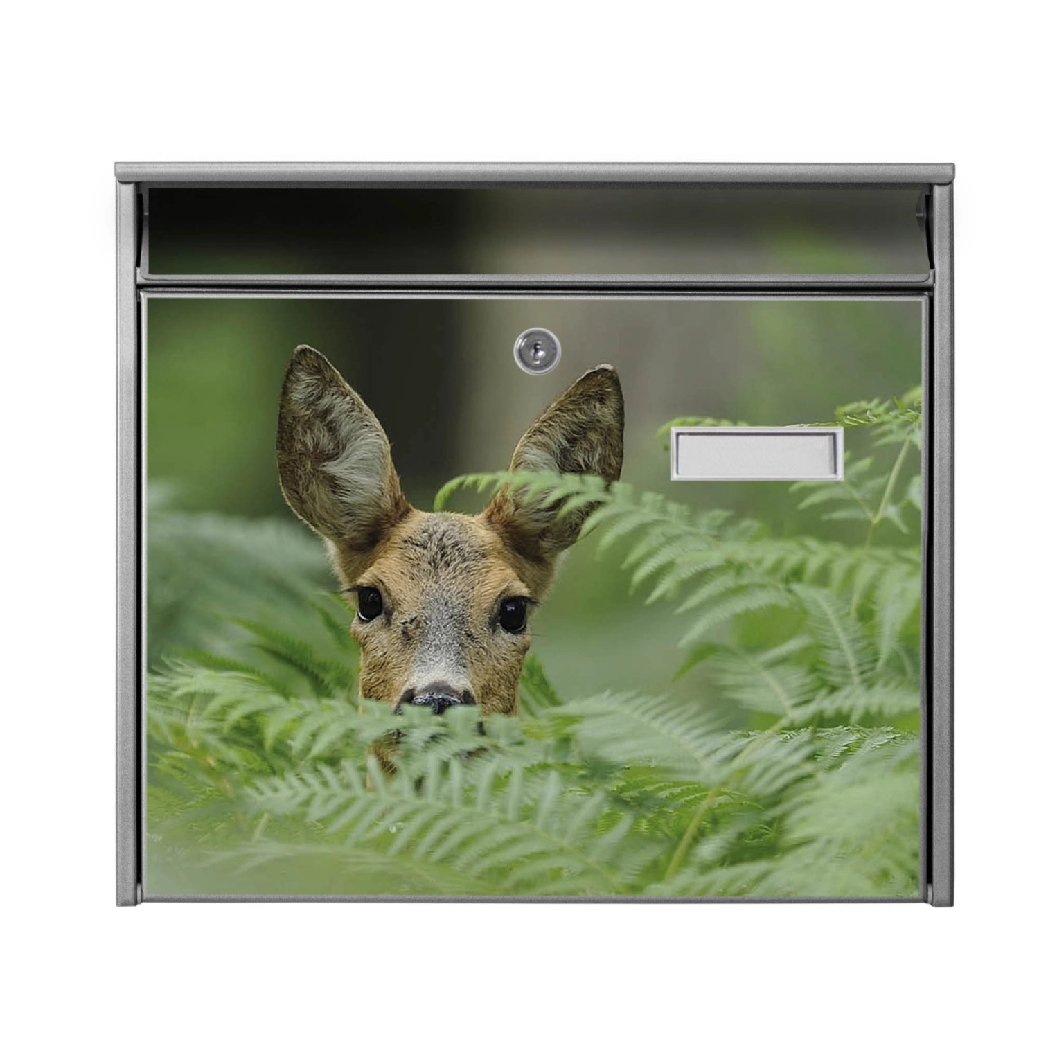 Silberner Banjado Briefkasten mit Reh-Motiv, inkl. Montagematerial und Schlüsseln.