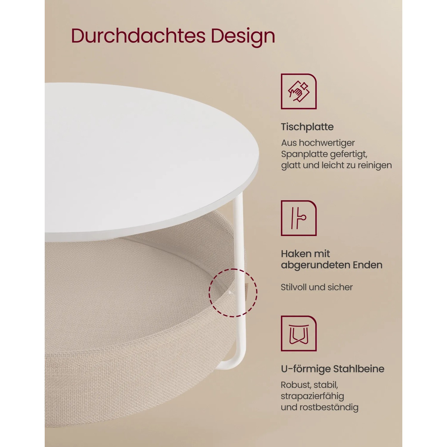 Detailansicht: Weiß-brauner Vasagle Couchtisch 75x75x45cm mit Stauraumkorb.
