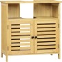 Bambus Waschbeckenunterschrank mit Lamellentüren, Siphonausschnitt. Heller Badezimmerschrank für Stauraum.