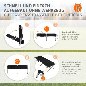 Anleitung: Hauki Campingbett, klappbar, schwarz, XL Feldbett mit Tragetasche, schneller Aufbau.