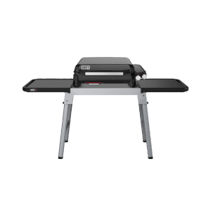 Weber Gasgrill Slate GP56 Bundle mit Stand, schwarz, mit klappbaren Seitentischen.