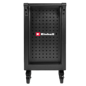 Schwarzer, matter Einhell Werkstattwagen, 149-teilig, mit Rollen und Einhell Logo.