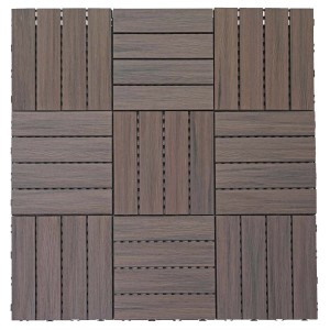Quadrat aus MCW WPC Bodenfliesen in Grau-Braun mit 3D-Holzstruktur für Balkon und Terrasse.