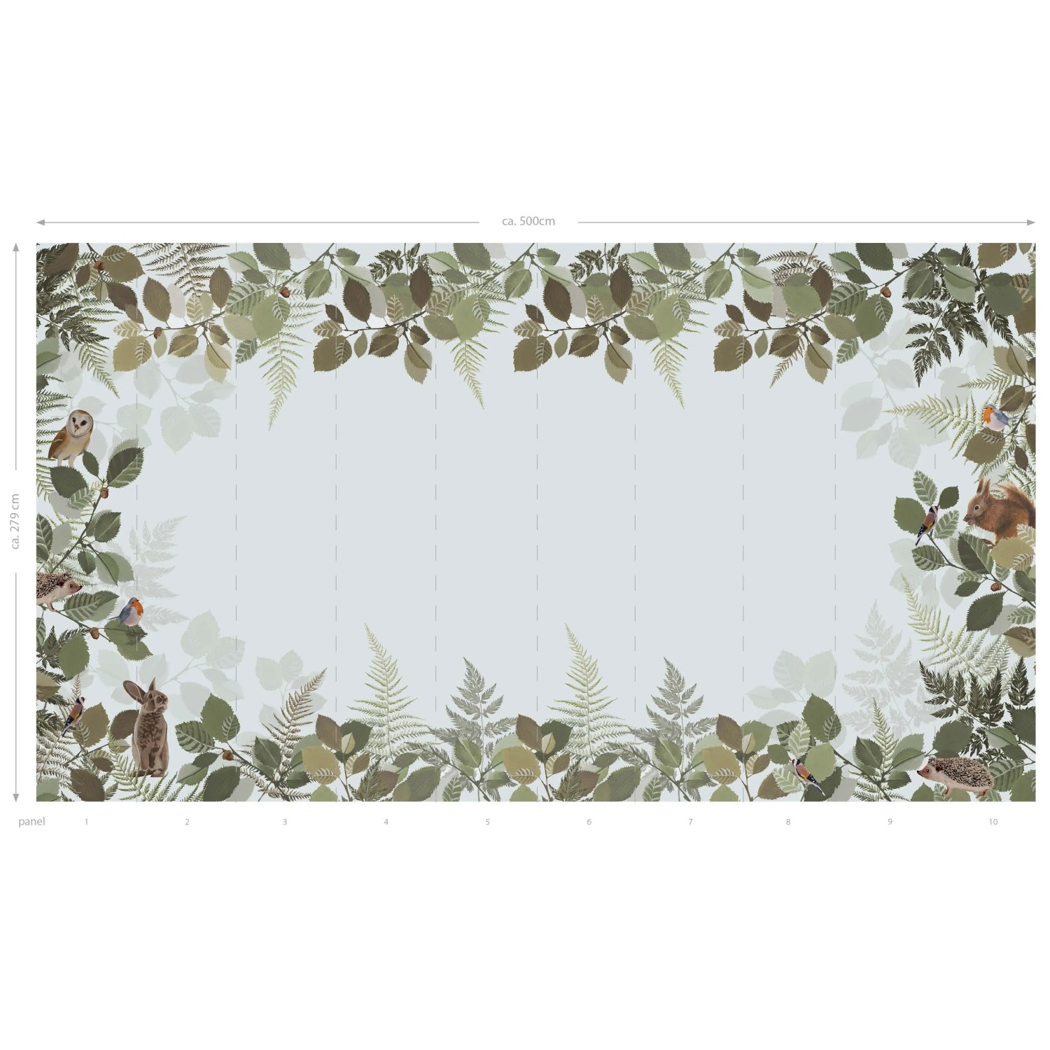 ESTAhome Fototapete Waldtiere in Grün/Braun, 5x2,79m. Kinderzimmer Tapete mit Waldmotiven: Eule, Hase, Eichhörnchen.