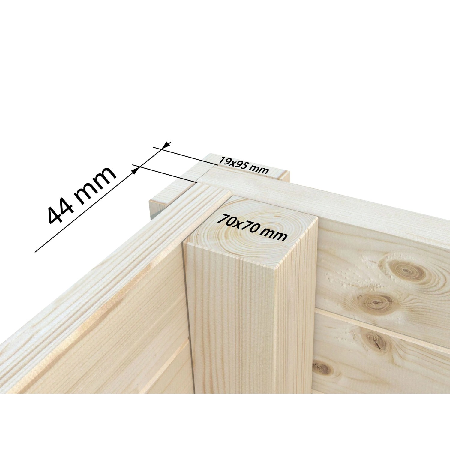 Detailaufnahme Palmako Gartenhaus Amanda: Eckverbindung mit Maßen 44 mm, 70x70 mm und 19x95 mm.